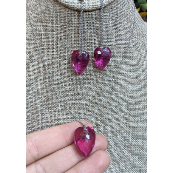 Swarovski Swan Brand Fuchsia Pink Crystal Heart Necklace Earrings Jewelry Set - Picture 3 of 11